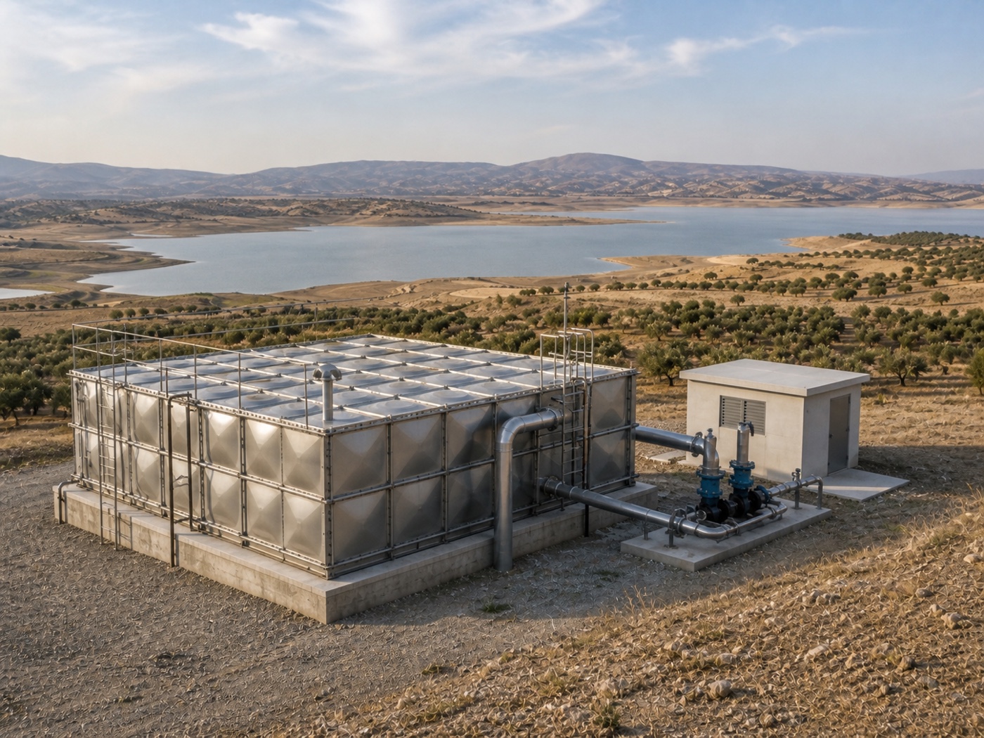 Kurak Anadolu peyzajında düşük seviyeli rezervuar ve ön planda modüler su depolama sistemi