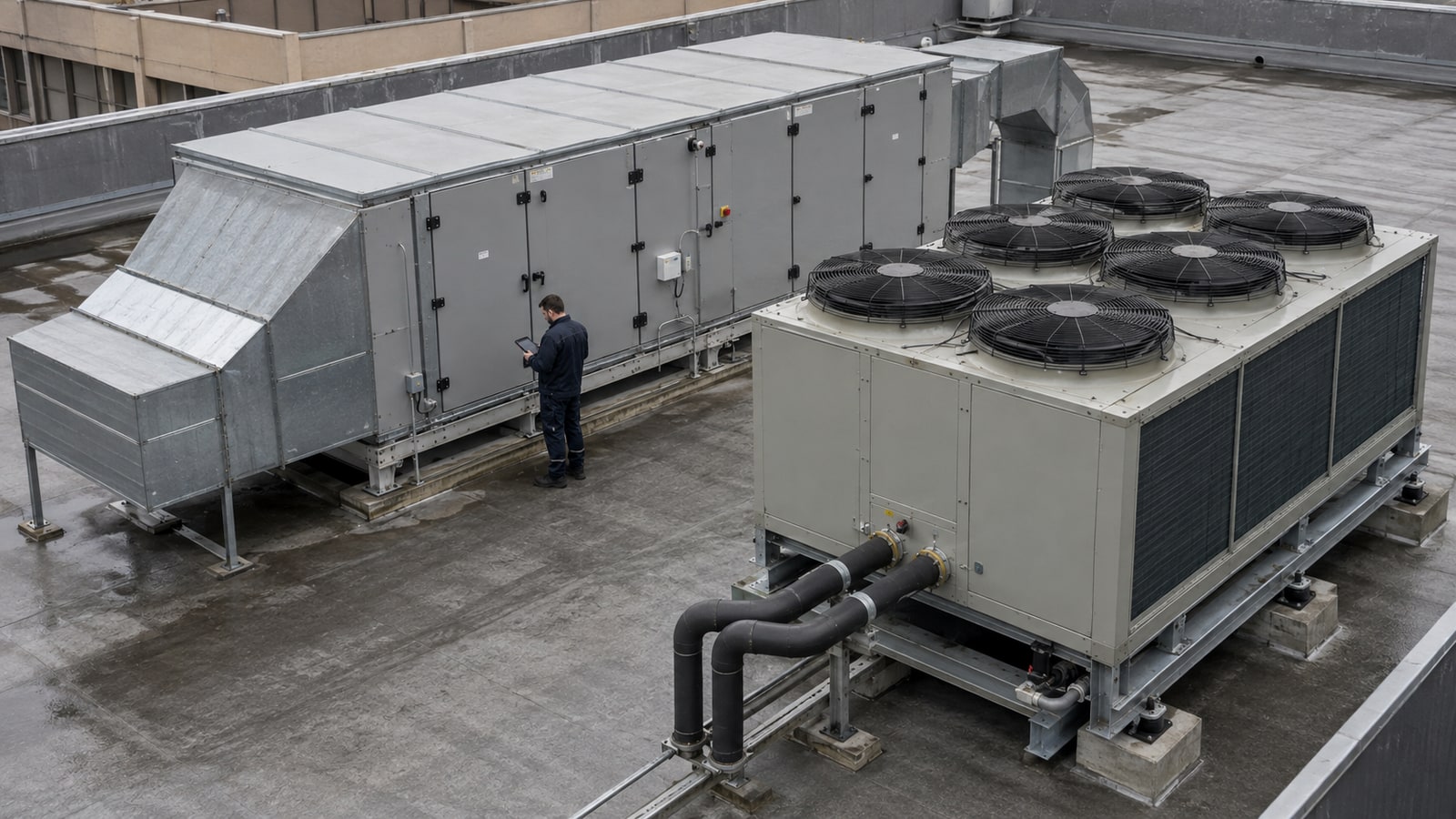 Çatıda hava soğutmalı chiller, klima santrali, hava kanalları ve inceleme yapan teknik görevli; HVAC enerji verimliliğini anlatan yapay zekâ üretimi temsili görsel
